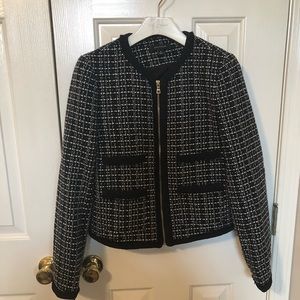 Black &white tweed jacket with gold zipper detail